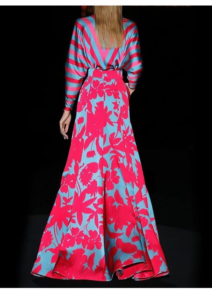 Floral Print Deep V-Neck Long Sleeve Floor Length Dress