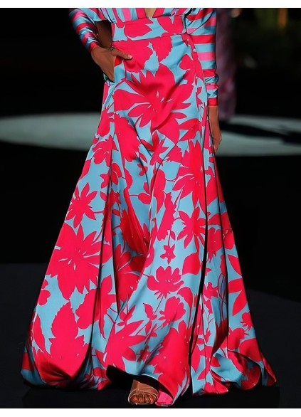 Floral Print Deep V-Neck Long Sleeve Floor Length Dress