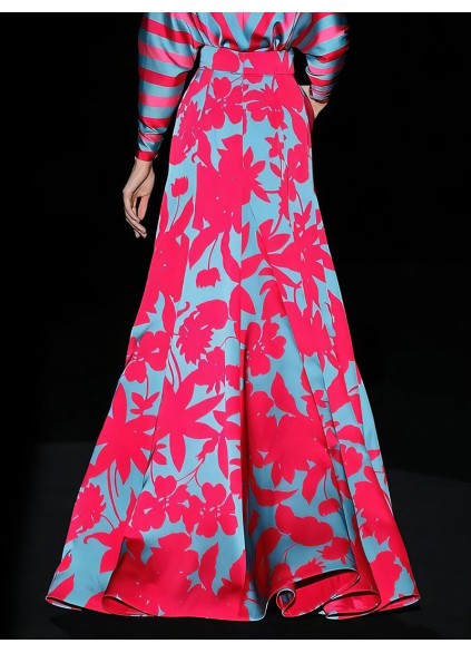 Floral Print Deep V-Neck Long Sleeve Floor Length Dress