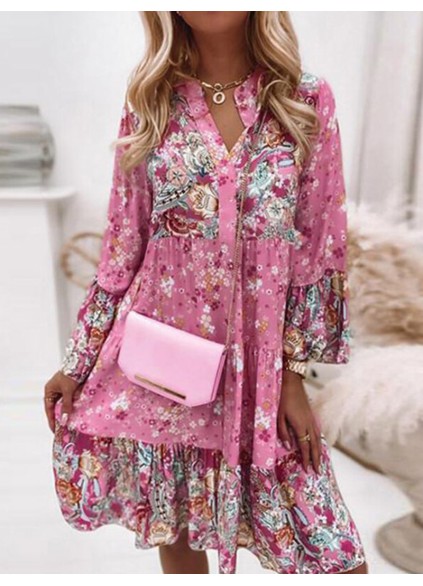 Floral Ruffle Smocked Print V Neck Casual Flare Mini Dress