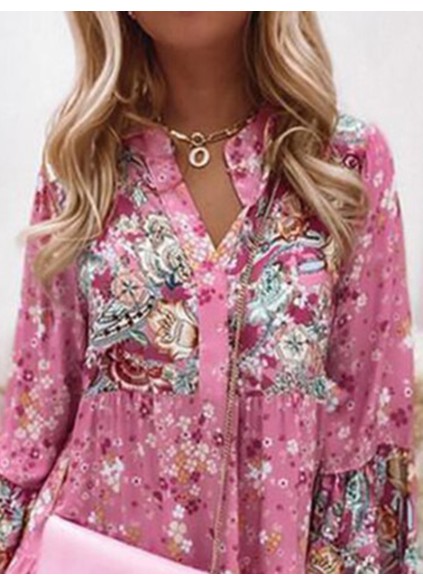 Floral Ruffle Smocked Print V Neck Casual Flare Mini Dress