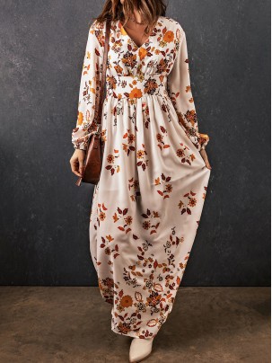 Floral V-Neck Long Sleeve Maxi Dress