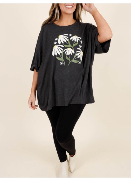 Flower and plant printed short sleeved T-shirt