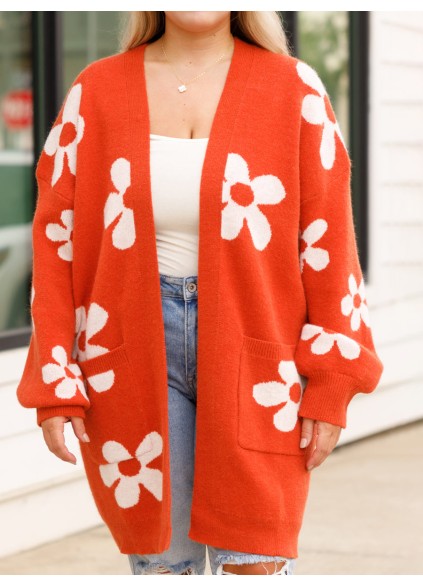 Flower patterned red sweater cardigan