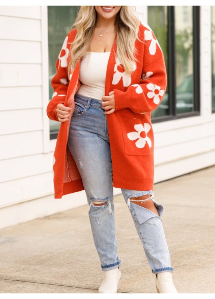 Flower patterned red sweater cardigan