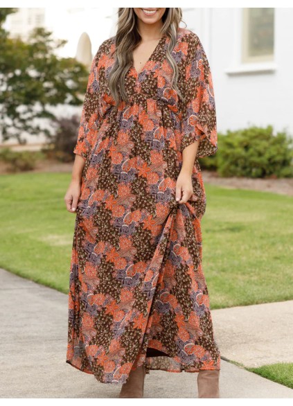 Fragmented floral pattern loose fitting long dress