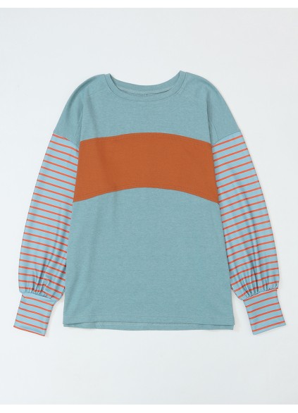 Green Colorblock Striped Bishop Sleeve Top