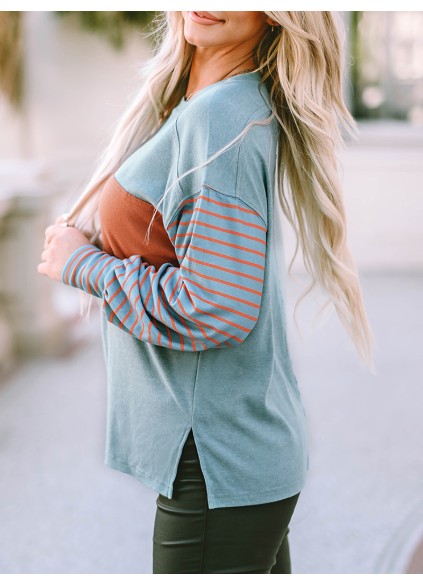 Green Colorblock Striped Bishop Sleeve Top