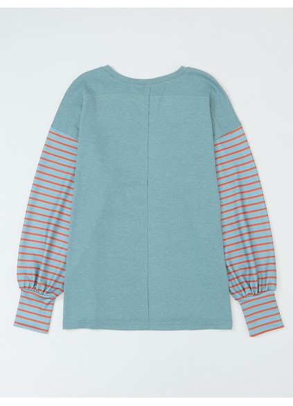 Green Colorblock Striped Bishop Sleeve Top