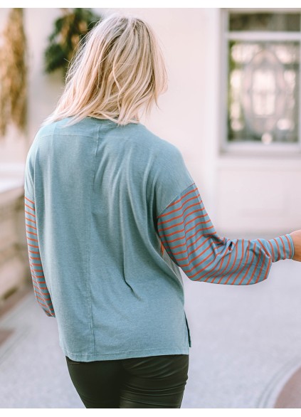 Green Colorblock Striped Bishop Sleeve Top