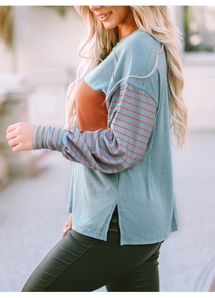 Green Colorblock Striped Bishop Sleeve Top