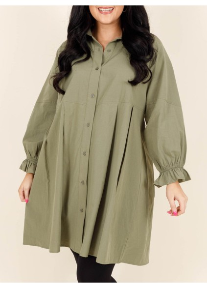 Green pleated button loose fitting shirt