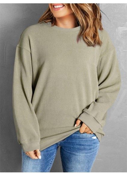 Green Solid Ribbed Knit Round Neck Pullover Sweatshirt