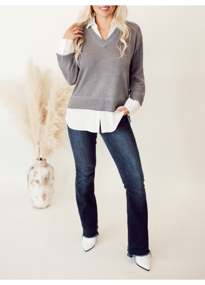 Grey patchwork white layered sweater