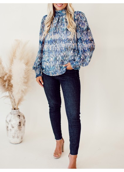 High neck blue abstract pattern shirt