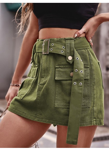 High Waist Denim Cargo Shorts