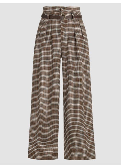 Houndstooth High Waist Belted Wide Leg Trousers