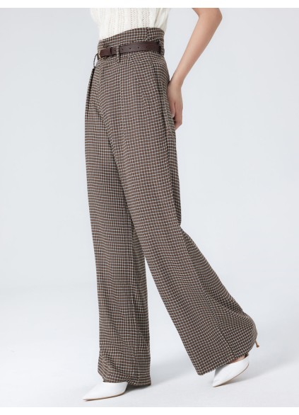 Houndstooth High Waist Belted Wide Leg Trousers