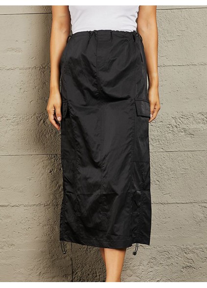 Women's High Waisted Cargo Midi Skirt in Black