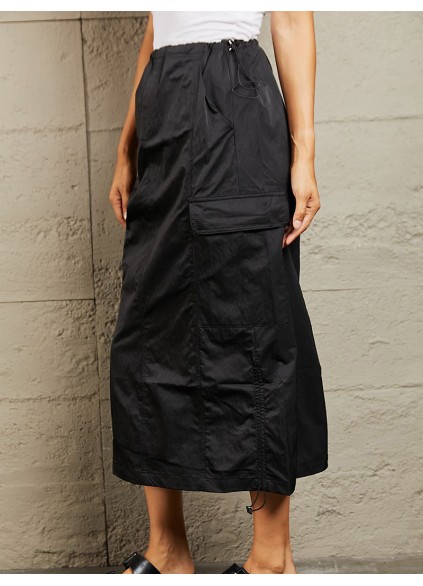 Women's High Waisted Cargo Midi Skirt in Black