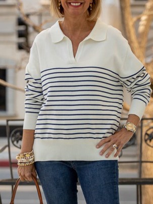 Ivory Navy Striped Split Sweater Top