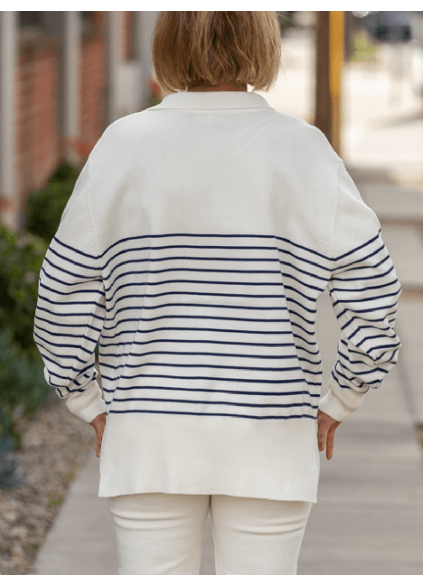 Ivory Navy Striped Split Sweater Top