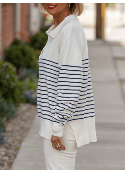 Ivory Navy Striped Split Sweater Top