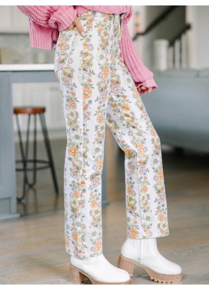 Ivory White Floral Pants