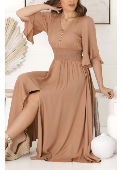 Khaki V-neck waist slimming lace-up dress