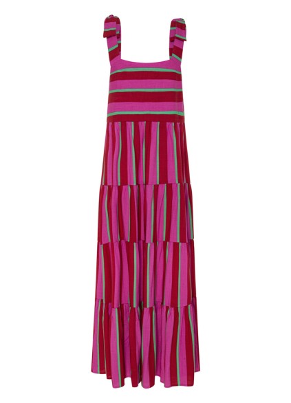 Ladies red printed holiday dress with straps and stripes