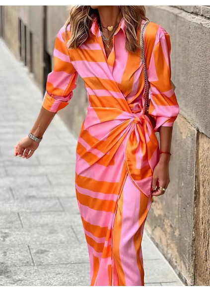 Women's Striped Print Belted Long Sleeve Dress