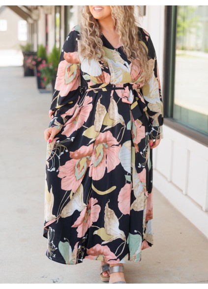 Large floral pattern printed loose fitting dress