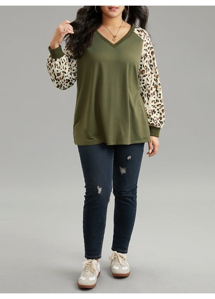 Leopard print patchwork T-shirt with shoulder sleeves