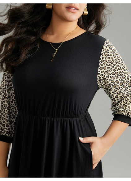 Leopard print spliced plus-size women's dress