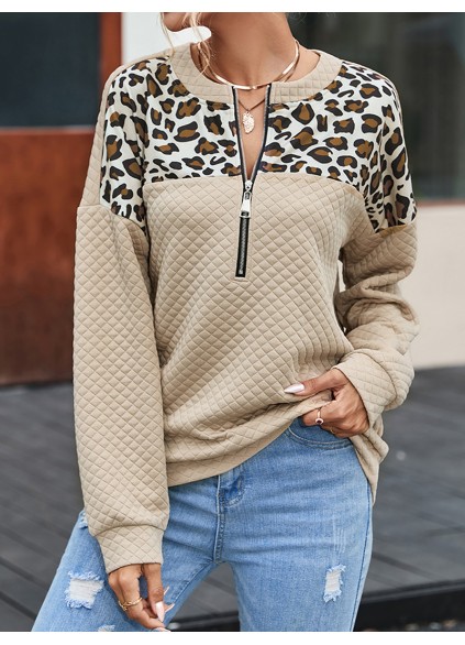 Leopard Splicing Drop Shoulder Zipped Sweatshirt