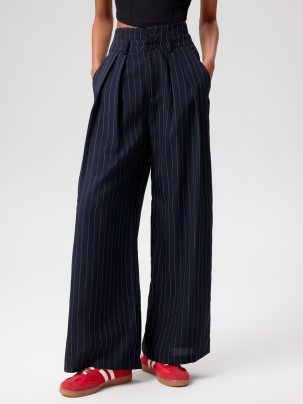 Mid Waist Striped Pleated Button Trousers