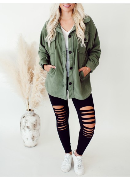 Women's Green Pocket Button Coat