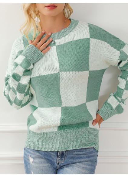 Mint Green Checkered Print Drop Shoulder Sweater