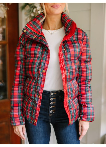 Red Tartan Plaid Puffer Jacket