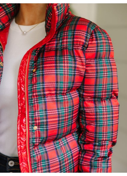 Red Tartan Plaid Puffer Jacket