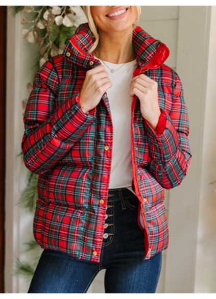 Red Tartan Plaid Puffer Jacket