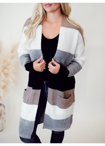 Multi color striped color block pocket knitted cardigan