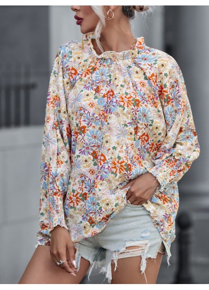 Multicolor Shirred Cuffs Bubble Sleeve Floral Blouse