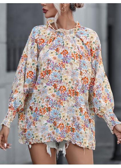 Multicolor Shirred Cuffs Bubble Sleeve Floral Blouse