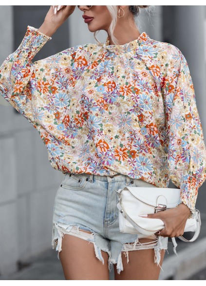 Multicolor Shirred Cuffs Bubble Sleeve Floral Blouse