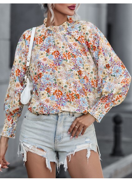 Multicolor Shirred Cuffs Bubble Sleeve Floral Blouse