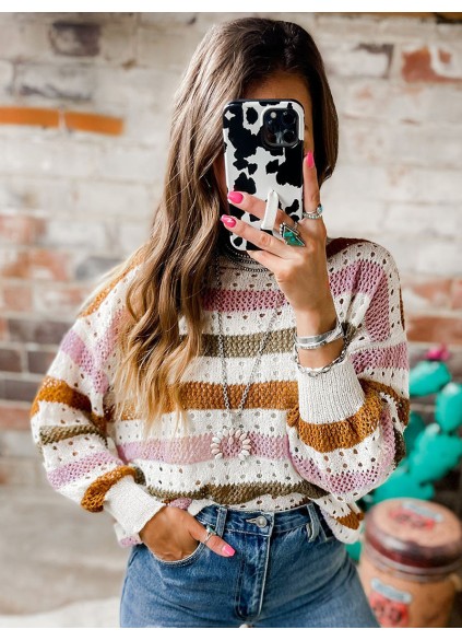 Multicolor Striped Hollowed Knitted Loose Sweater