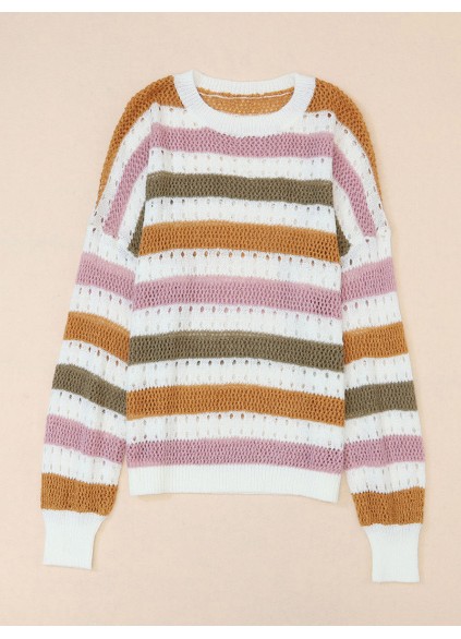 Multicolor Striped Hollowed Knitted Loose Sweater