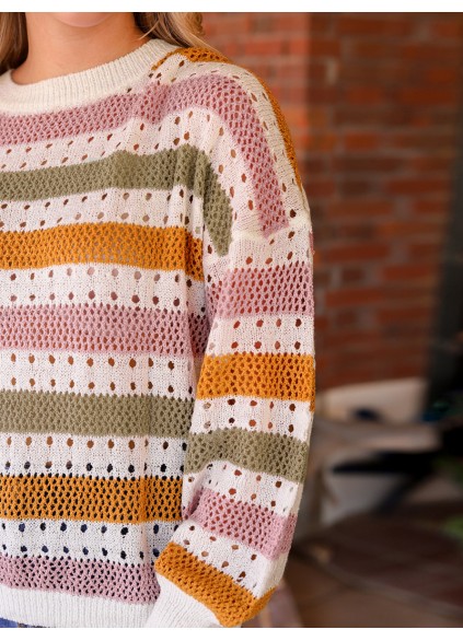 Multicolor Striped Hollowed Knitted Loose Sweater