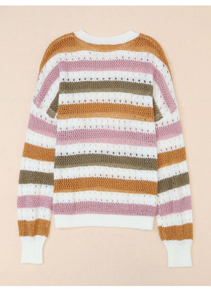 Multicolor Striped Hollowed Knitted Loose Sweater